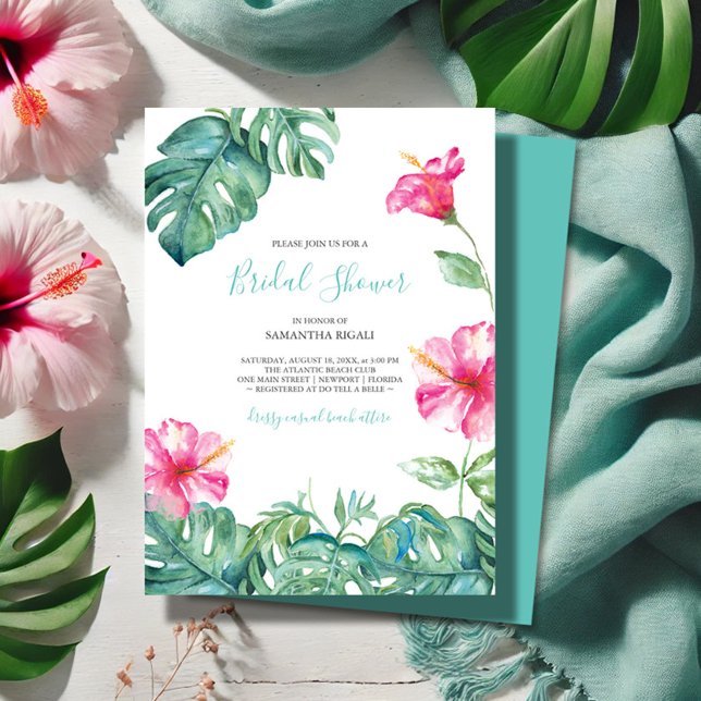 Tropiskt segment Rosa Blommigt Möhippa för vattenf (Tropical Hawaiian bridal shower invitations with watercolor flowers and palm leaves V Grigaliunas)