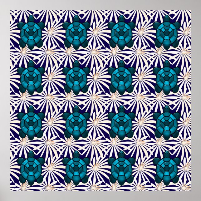 Tropiskt Sköldpadds Blommönster Sömlös Havssköldpa Poster (Framsidan)