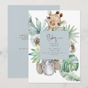 Tropiskt skuvar för dusty Blue Jungle Baby Shower Inbjudningar