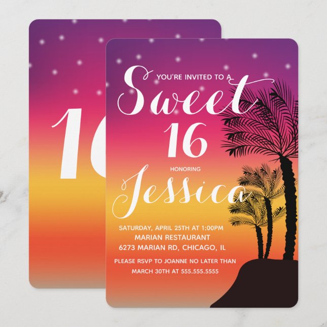 Tropiskt solnedgång Handflatan Träd Tropical Sweet Inbjudningar (Fram/baksida)