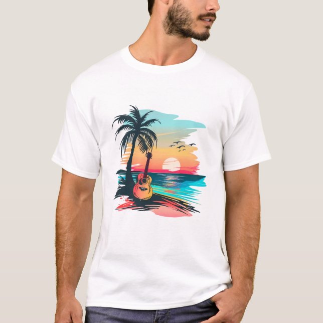 Tropiskt solnedgångsgitarr strand konst | Sommar M T Shirt (Framsida)