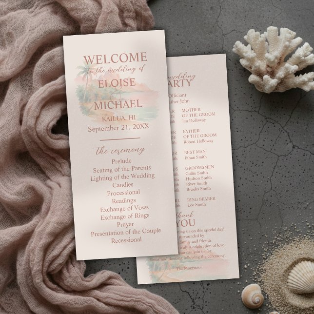 Tropiskt solnedgångsö-brollopsprogram (Tropical Sunset Island Wedding Ceremony Program)