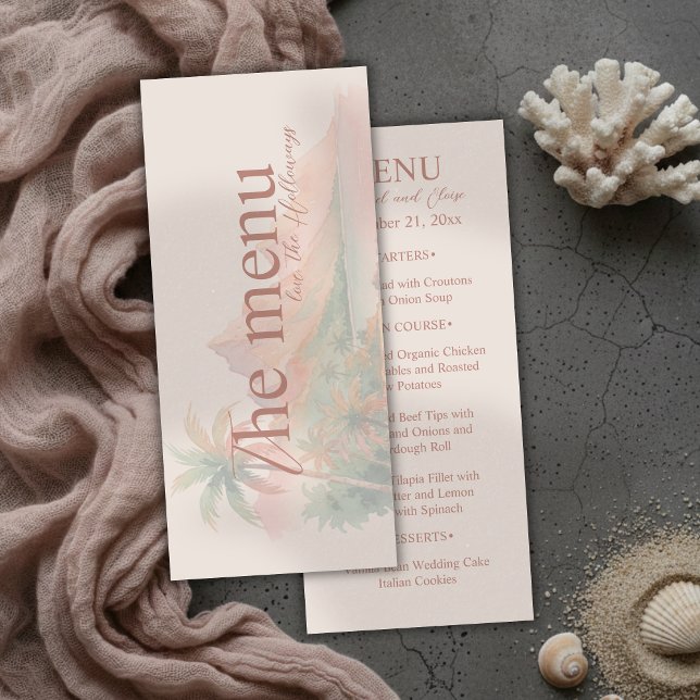 Tropiskt solnedgångsö Island Strand Vattenfärg Brö Meny (Tropical Sunset Island Beach Watercolor Wedding Menu)