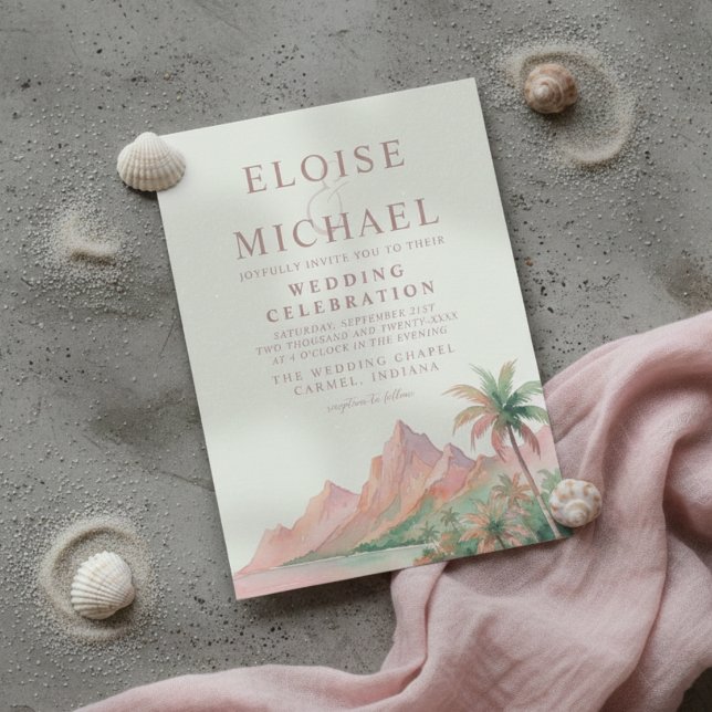 Tropiskt solnedgångsö strand akvarell bröllop inbjudningar (Tropical Sunset Island Beach Watercolor Wedding Invitation)