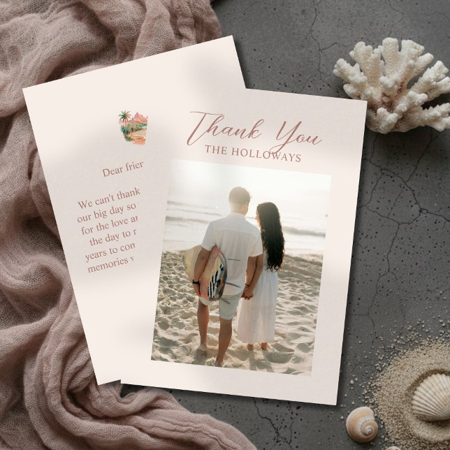 Tropiskt solnedgångsö vattenfärgbröllopsfoto tack kort (Tropical Sunset Island Watercolor Wedding Photo Thank You Card)