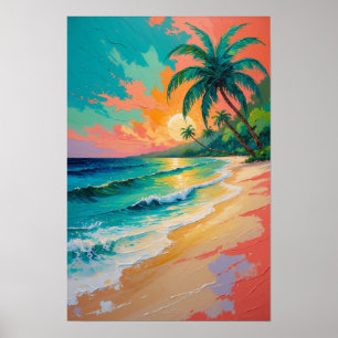 Tropiskt solnedgångsstrand med palmer Havskonst Poster