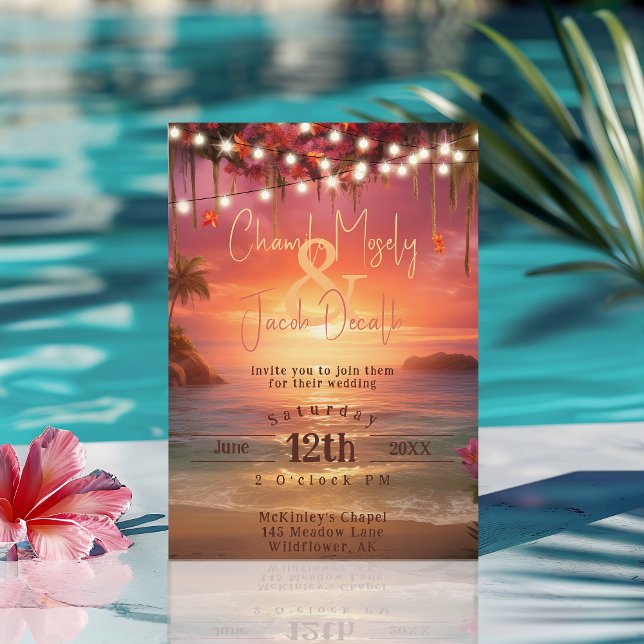 Tropiskt solnedgångsstrand Strängljus Bröllop Inbjudningar (Tropical Sunset Beach String Lights Wedding Invitation
)