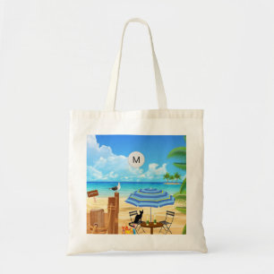 Tropiskt solnyttigt sommarstrand, havsscenmonogram tygkasse