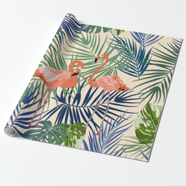 Tropiskt sömlöst mönster med flamingo. Botany de Presentpapper (Utrullad)