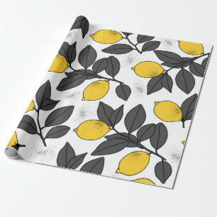 Tropiskt sömlöst mönster med gult citroner. Hand Presentpapper