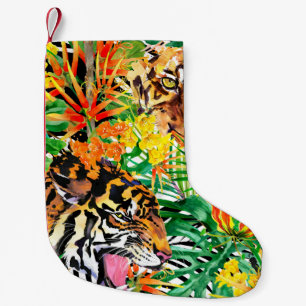 tropiskt sömlöst mönster med tiger. vattenfärg j liten julstrumpa