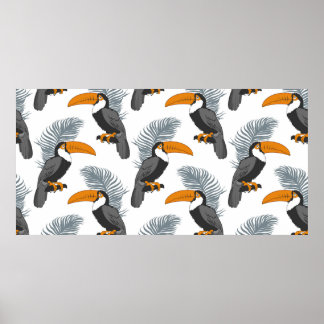 Tropiskt sömlöst mönster med tukaner och blad.  poster