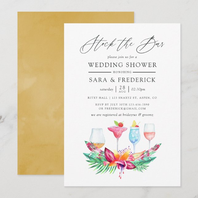 Tropiskt sommarblommigt lager för baren inbjudningar (Fram/baksida)