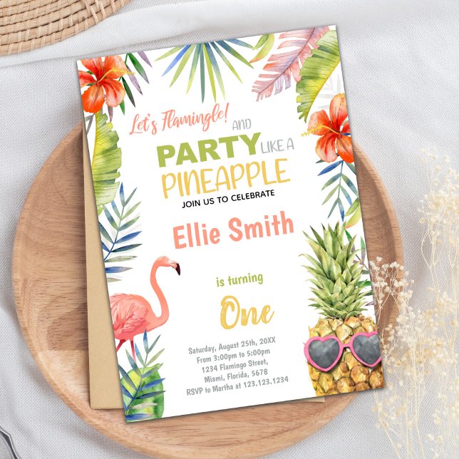 Tropiskt sommarkort Party för flickor Inbjudningar (Red Flamingo & Pineapple Birthday Invitations)