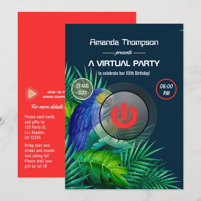 Tropiskt sommarparakit virtuell födelsedagsfest inbjudningar (Fram/baksida)