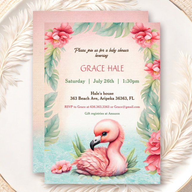 Tropiskt sommarprogram, Rosa Flamingo Baby Shower  Inbjudningar (Tropical Summer Pink Flamingo Baby Shower Party Invitation)