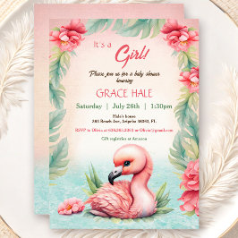 Tropiskt sommarprogram Rosa Flamingo Girl Baby Sho Inbjudningar