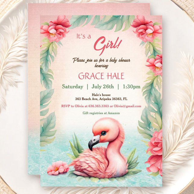 Tropiskt sommarprogram Rosa Flamingo Girl Baby Sho Inbjudningar (Tropical Summer Pink Flamingo Girl Baby Shower Invitation)