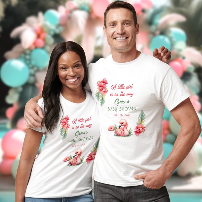 Tropiskt sommarprogram Rosa Flamingo Girl Baby Sho T Shirt (Tropical Summer Pink Flamingo Girl Baby Shower T-Shirt)