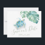 Tropiskt Spara datum med akvarell havssköldpadda Datumet<br><div class="desc">Gör dig redo att ropa ”Vi ska gifta oss!” i tropisk stil. Meddela att ni är förlovade med det här tropiska ”Save the Date”-kortet som visar frasen ”Save Our Date” i en handskriven typsnittsstil. Designat för par som planerar ett kust- eller destinationbröllop, visar det här akvarellkortet min originella målning av...</div>