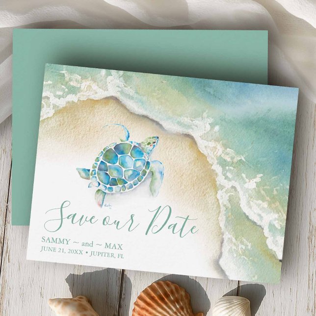 Tropiskt Spara datum med akvarell havssköldpadda Datumet (Beach wedding save the dates watercolor sea turtle and ocean waves design by Victoria Grigaliunas)