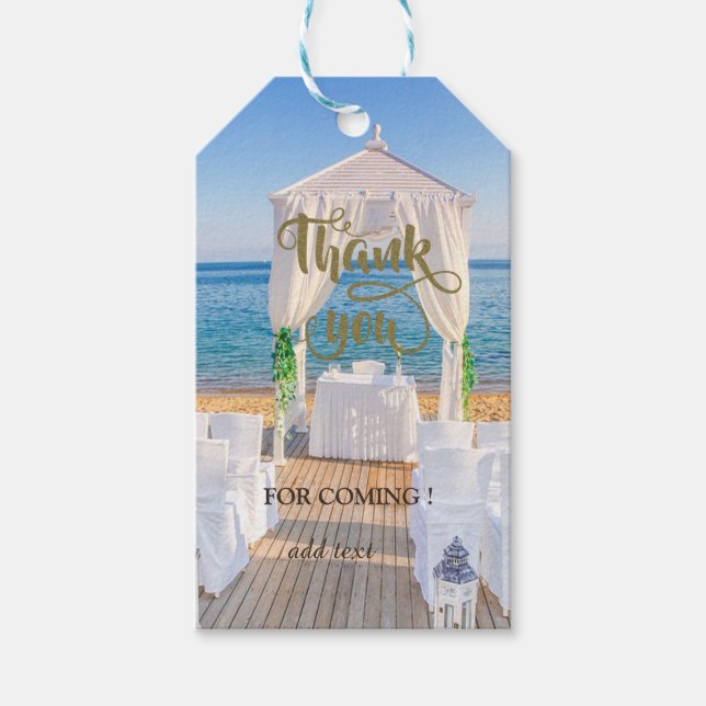 Tropiskt strandbröllop Arbor   Tack Presentetikett (Framsidan)