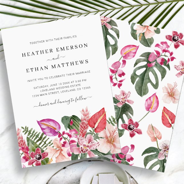 Tropiskt strandbröllop inbjudningar (Tropical Floral Beach Wedding Invitation by Painted Paperie
)