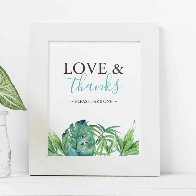 Tropiskt strandbröllopsgåvor skylt (tropical beach wedding favors sign with watercolor palm leaves and love and thanks)