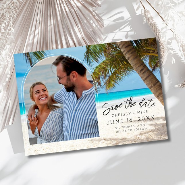 Tropiskt strandfoto destinationsbröllop  spara datumet (Tropical Beach Photo Destination Wedding Save The Date)
