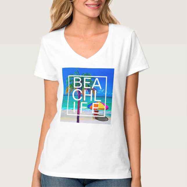 Tropiskt strandliv Palm Modern staplad typografi T Shirt (Framsida)
