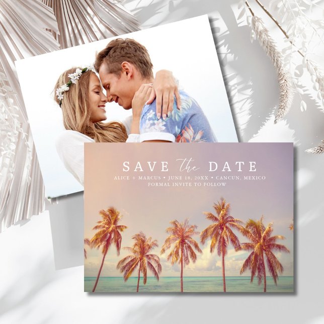 Tropiskt strandmål bröllopsfoto spara datumet (Tropical Beach Destination Wedding Photo Save The Date)