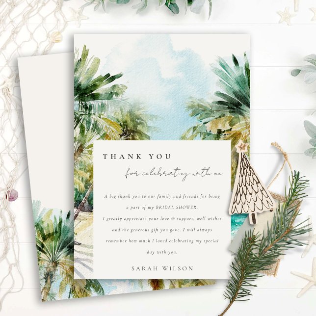 Tropiskt strandvattenfärg Palmträd Bröllopsdusch Tack Kort (Skapare uppladdad)