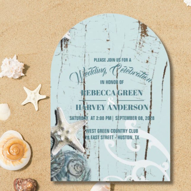 Tropiskt strumpor Seashell Starfish Coastal Bröllo Inbjudningar (Tropical Beach Seashell Starfish Coastal Wedding Invitation)