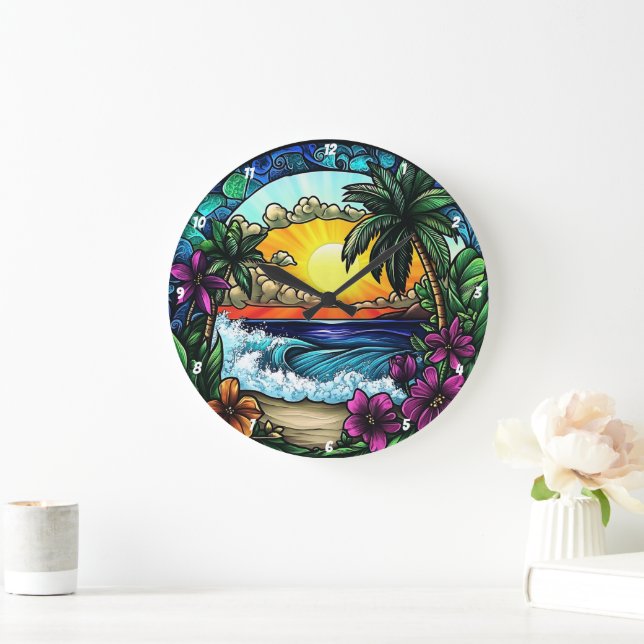 Tropiskt sunset Oasis Vibrant Beach Wall Stor Klocka (Hem)