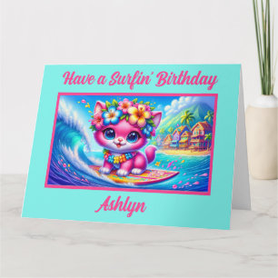 Tropiskt surfande Rosa Kitten Birthday Card Kort