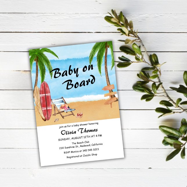 Tropiskt surfboard Baby ombord på babyduschar Inbjudningar (Tropical Surfboard Baby On Board Baby Shower Invitation)