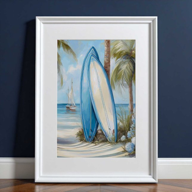 Tropiskt Surfbräda Kustvägg Konsttryck Poster (Tropical Surfboard Coastal Wall Art Print by TinkPrints.)