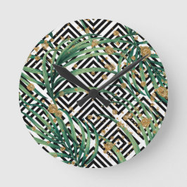 Tropiskt svart och vitt geometri guld glitter rund klocka