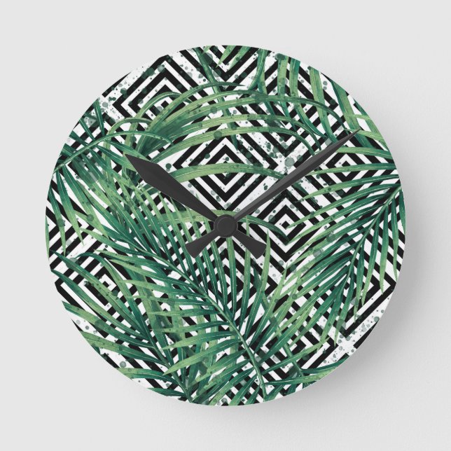 Tropiskt svart och vitt geometri rund klocka (Framsida)