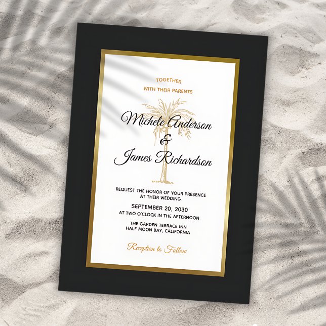 Tropiskt Svarta Guld, Träd, Modern Bröllop Inbjudningar (Tropical Black Gold Palm Tree Modern Wedding Invitation)