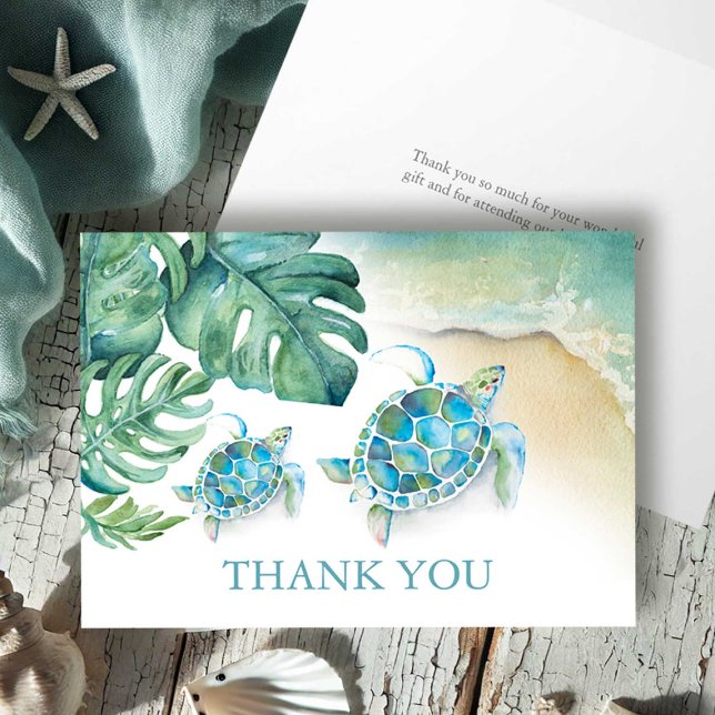 Tropiskt tackkort akvarell havssköldpadda (Thank you card features tropical watercolor sea turtle art by Victoria Grigaliunas of DoTellABelle)