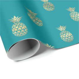 Tropiskt Teal Guld Pineapple Mönster Presentpapper