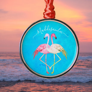 Tropiskt tealfärgat Monogram Rosa Flamingo Julgransprydnad Metall