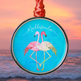 Tropiskt tealfärgat Monogram Rosa Flamingo Julgransprydnad Metall