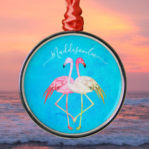 Tropiskt tealfärgat Monogram Rosa Flamingo Julgransprydnad Metall