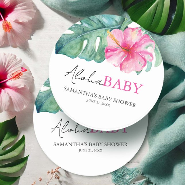 Tropiskt tema Baby Shower Underlägg Papper Rund (Baby shower favors tropical hibiscus flowers and palm leaves art by Victoria Grigaliunas)