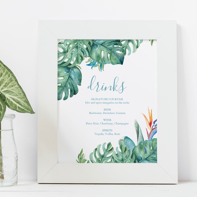 Tropiskt tema Beach Wedding Cocktails-tecken Poster (Tropical menus signature drink sign features monstera palm leaves and flowers.)