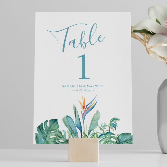 Tropiskt tema Bröllop Dekoration Bordsnummer (tropical theme wedding table number features watercolor floral & palm leaf by Victoria Grigaliunas)
