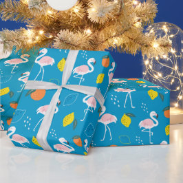 Tropiskt tema Flamingo-frukt på blå bakgrund Presentpapper