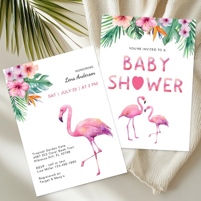 Tropiskt tema för rosa Flamingo Baby Shower Inbjudningar (Girl Baby Shower Invitation)